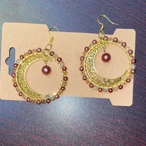 Brown Crescent Wired Wrapped Hoop Earrings